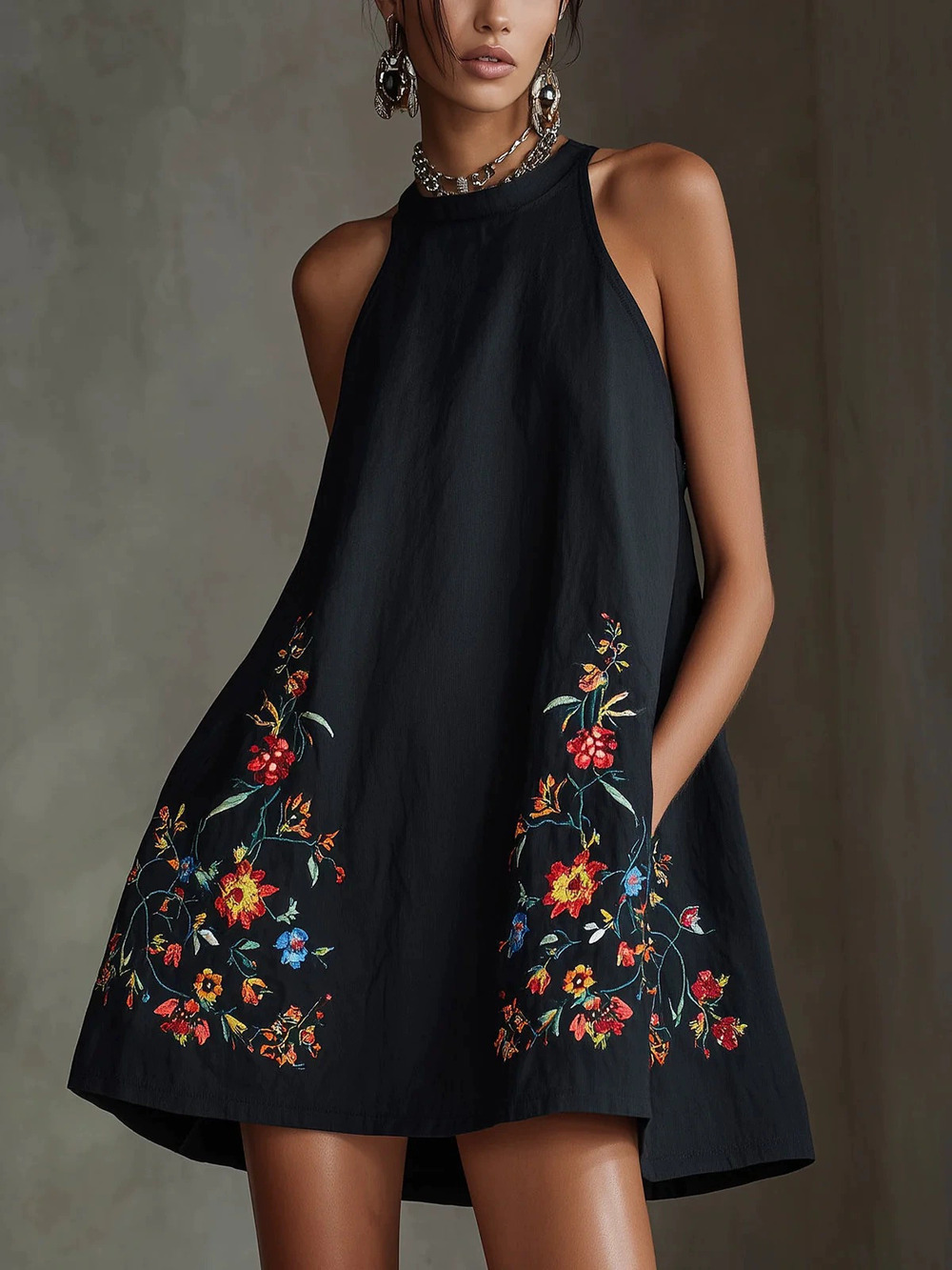 ZARA Black Halter Floral Embroidered Loose A-Line Mini Dress